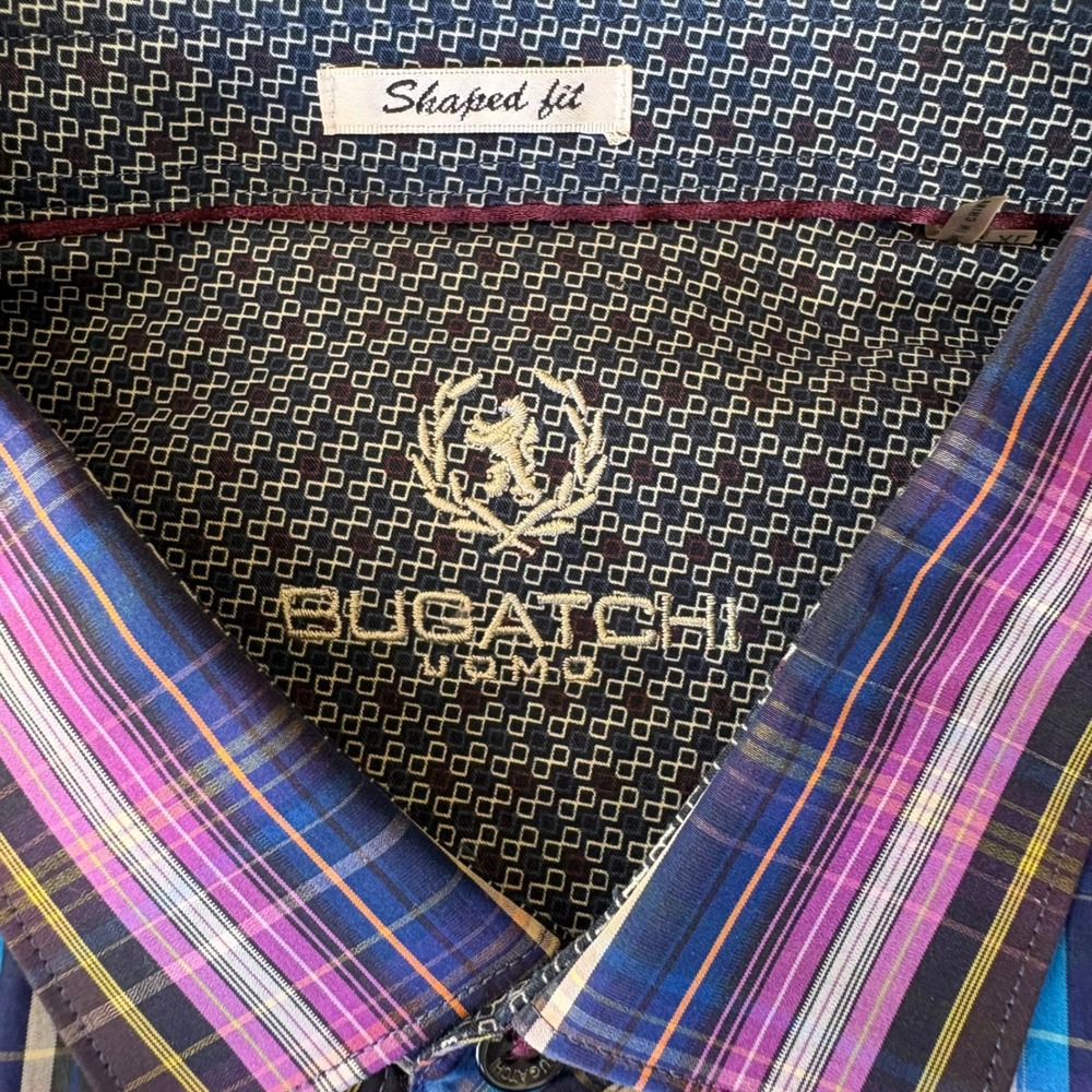 BUGATCHI UOMO Men's Plaid Long‎ Sleeve Button Down Shirt Shaped Fit Blue Purple - Picture 2 of 9